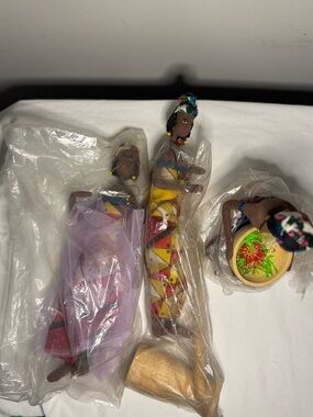 Set of three African dolls, hand made by African tribesman. Cloth